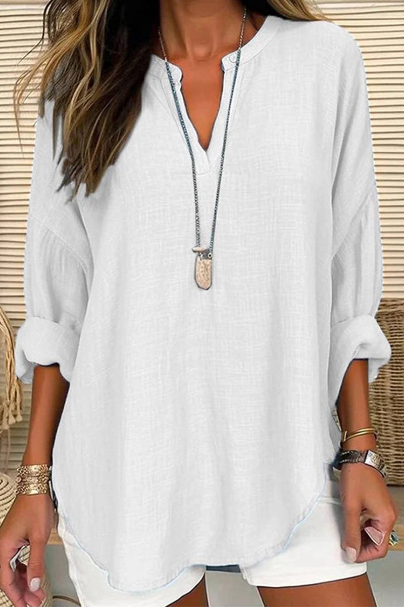 Lily Clothing V-neck cotton and linen breathable fashion shirt displayed on a hanger, showing its lightweight, natural fabric and relaxed fit.