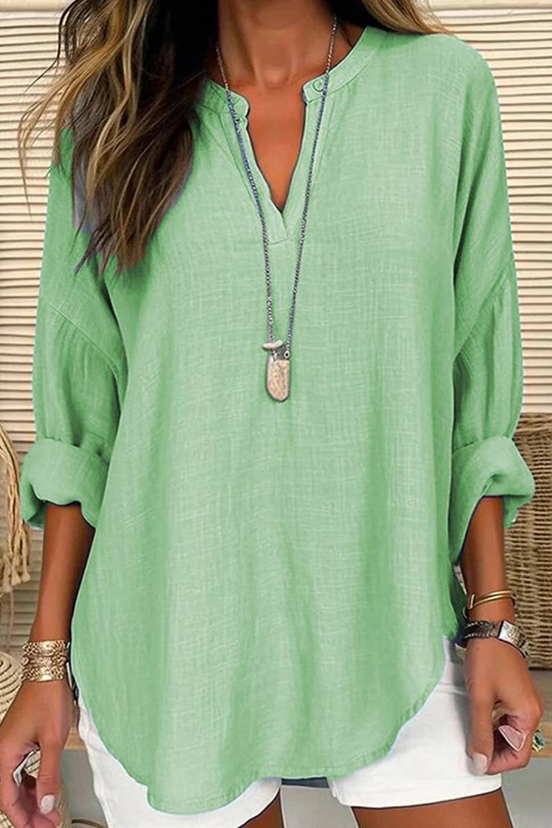 Lily Clothing V-neck cotton and linen breathable shirt, lightweight and stylish, shown in a natural fabric close-up.