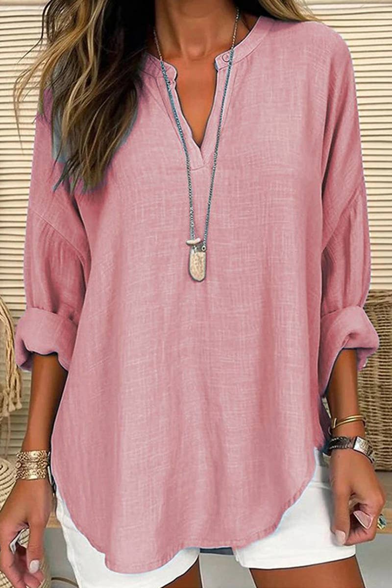 Lily Clothing V-neck cotton and linen breathable fashion shirt displayed flat, showing its lightweight, natural fabric and relaxed fit.