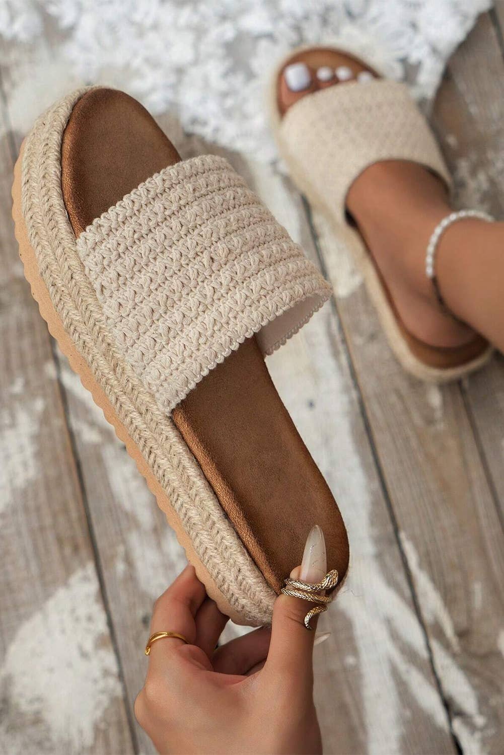 Little Daisy Closet boho woven non-slip wedge slippers with woven design and comfortable wedge heel for casual wear.