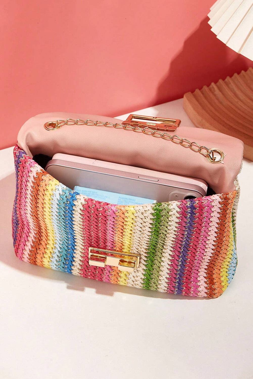 Bohemian woven gold chain shoulder bag with intricate design, featuring a stylish and unique accessory from Little Daisy Closet.