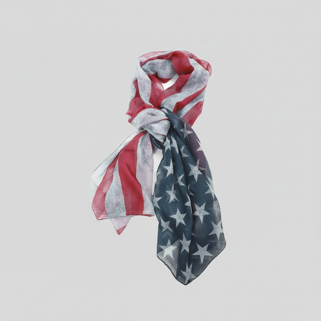Love and Repeat American flag oblong scarf featuring stars and stripes in vibrant red, white, and blue fabric.