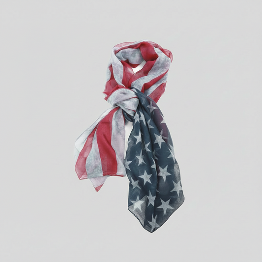 Love and Repeat American flag oblong scarf featuring stars and stripes in vibrant red, white, and blue fabric.