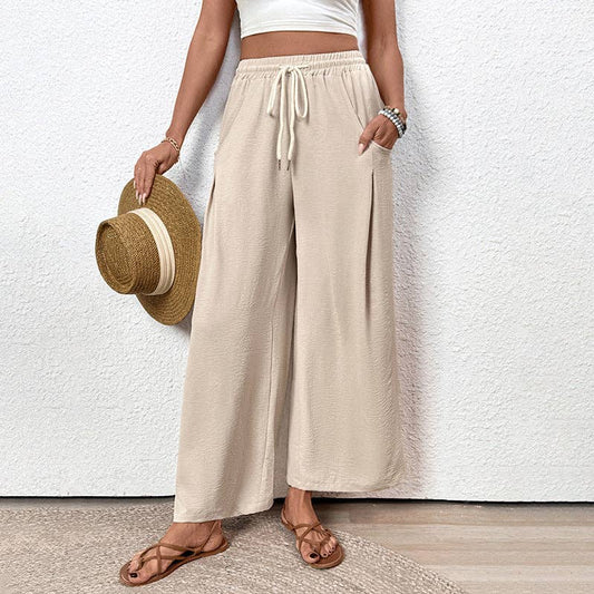 Lovesoft apricot straight leg pants with elastic waist and wide-leg design, casual and comfortable for everyday wear.