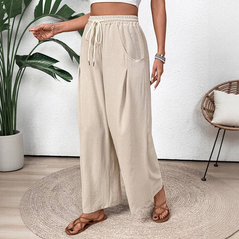 Lovesoft apricot straight leg pants with elastic waist and wide-leg design, suitable for casual or office wear.