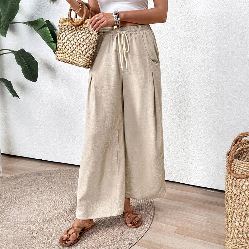 Lovesoft apricot straight leg pants with elastic waist and wide-leg design, made from comfortable, lightweight fabric.
