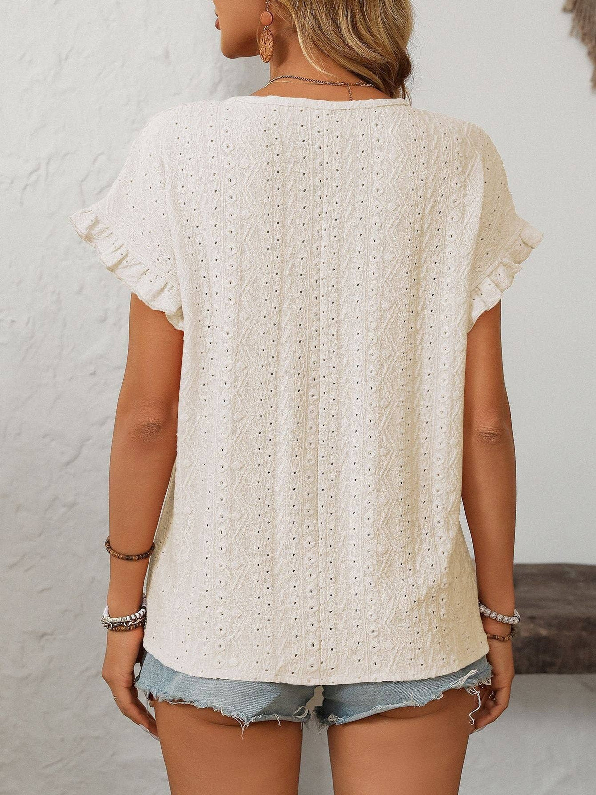 Lovesoft solid color crewneck short-sleeve hollow-out top, lightweight and breathable with a stylish cutout design.