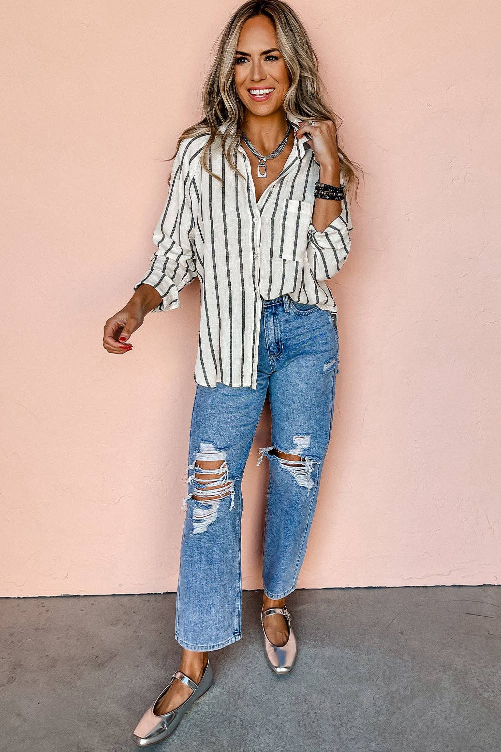 Lovesoft Stripe Chest Pocket Buttoned Oversized Shirt featuring a relaxed fit, blue and white vertical stripe pattern, and front chest pocket.