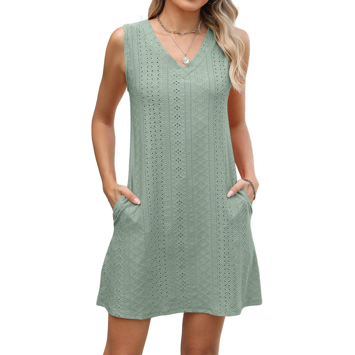 Lovesoft summer solid color eyelet dress with V-neck and pockets, featuring a breezy, stylish design for warm weather.