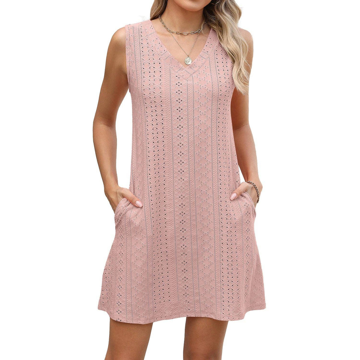 Lovesoft summer solid color eyelet dress with V-neck, short sleeves, and pockets, perfect for warm weather.