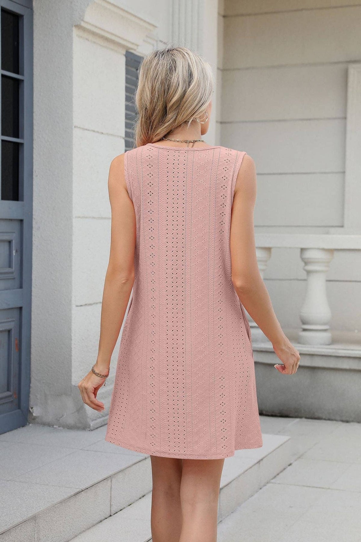 Lovesoft summer solid color eyelet dress with V-neck and pockets, casual sleeveless dress for warm weather