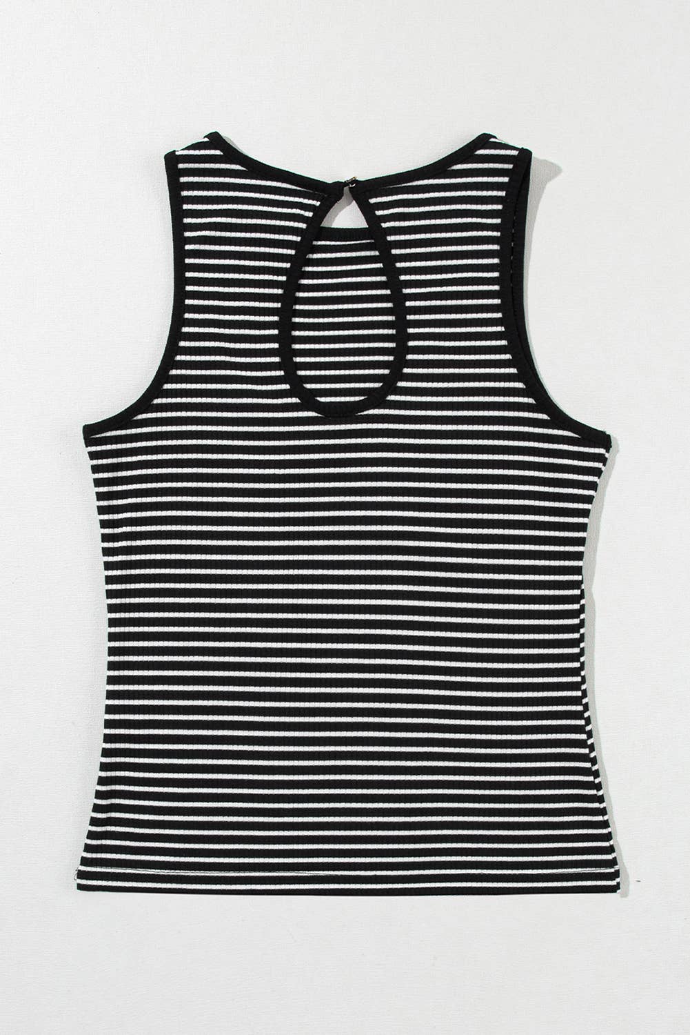 Black striped Lovesoft tank top displayed on a hanger with a fitted sleeveless design and casual style.