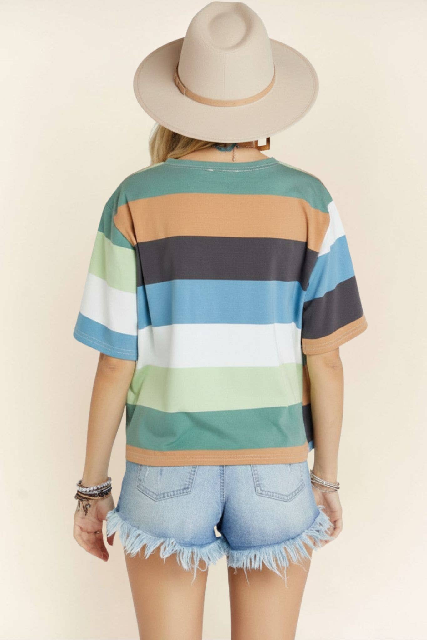 Madelyn multi-color striped cotton top with long sleeves and round neckline, casual and comfortable for everyday wear.