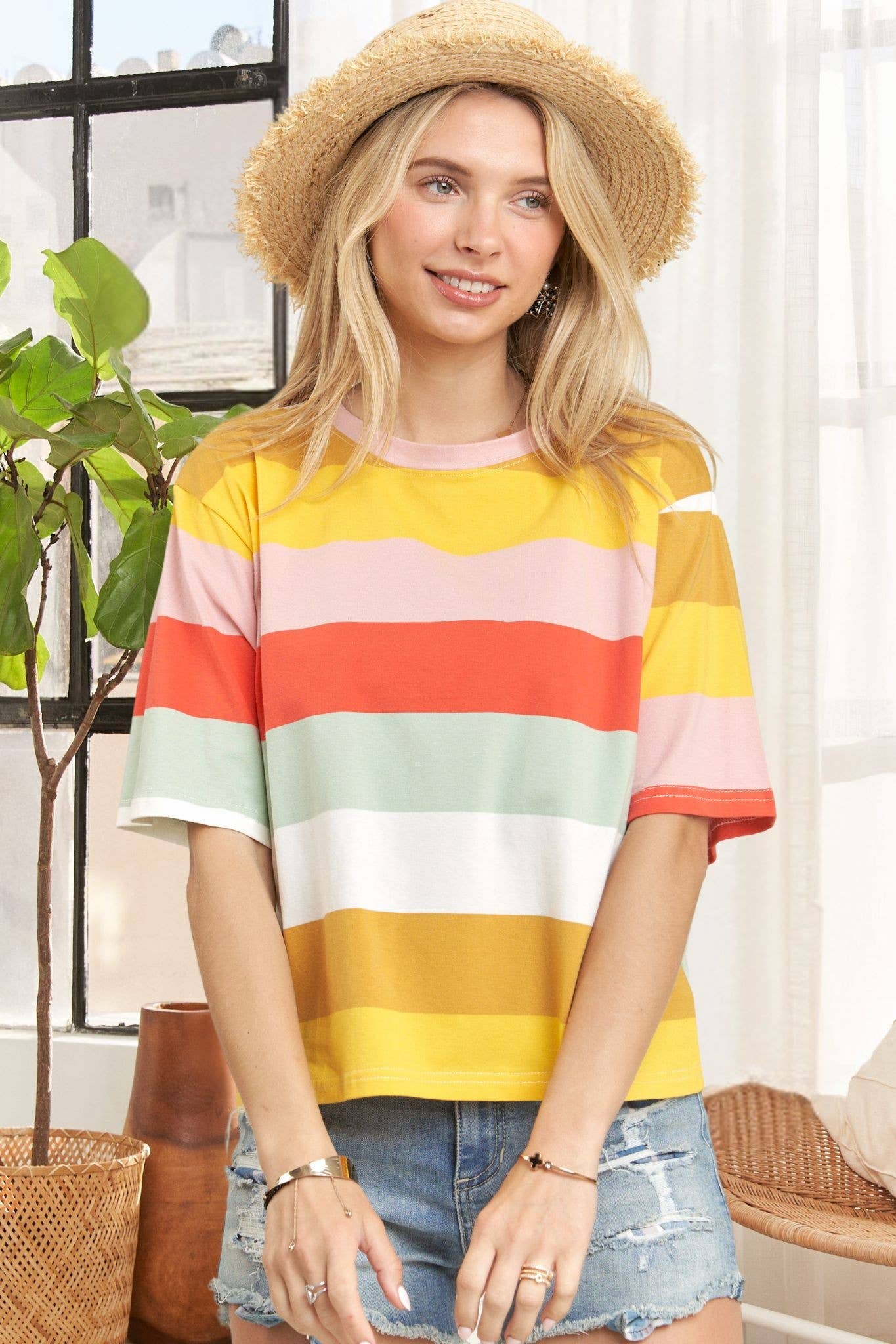 Multicolor striped cotton top by Madelyn featuring a casual fit and vibrant pattern, perfect for everyday wear.