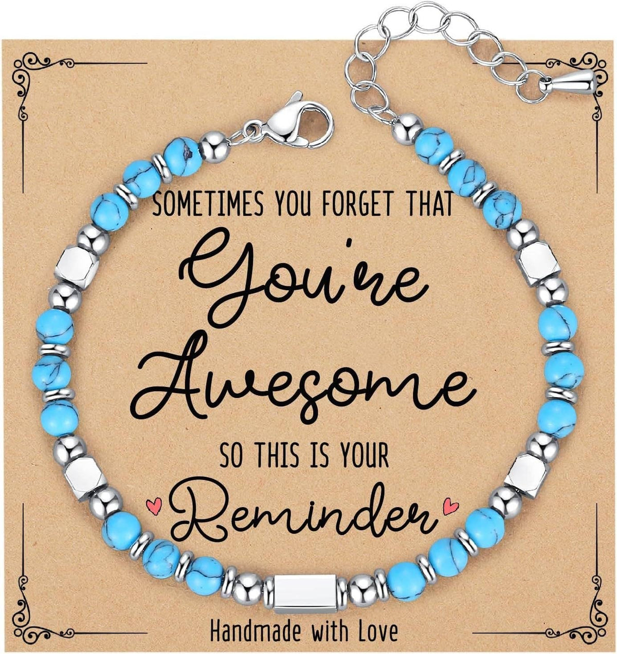 Mio Queena 4mm stone and stainless steel bead bracelet with blessing card, featuring natural stone beads and sleek metal accents.