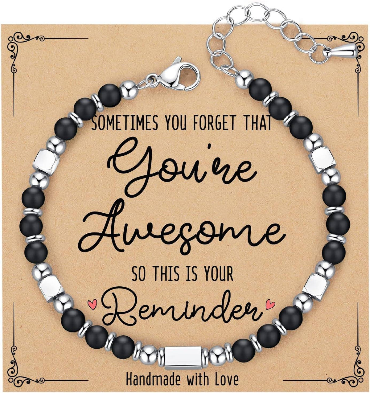 Stone and stainless steel bead bracelet with blessing card, featuring polished beads and a sleek clasp.