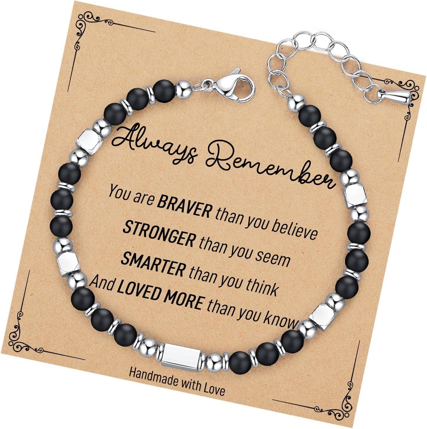 Mio Queena 4mm stone and stainless steel bead bracelet with blessing card, featuring mixed gemstone beads and sleek metal accents.