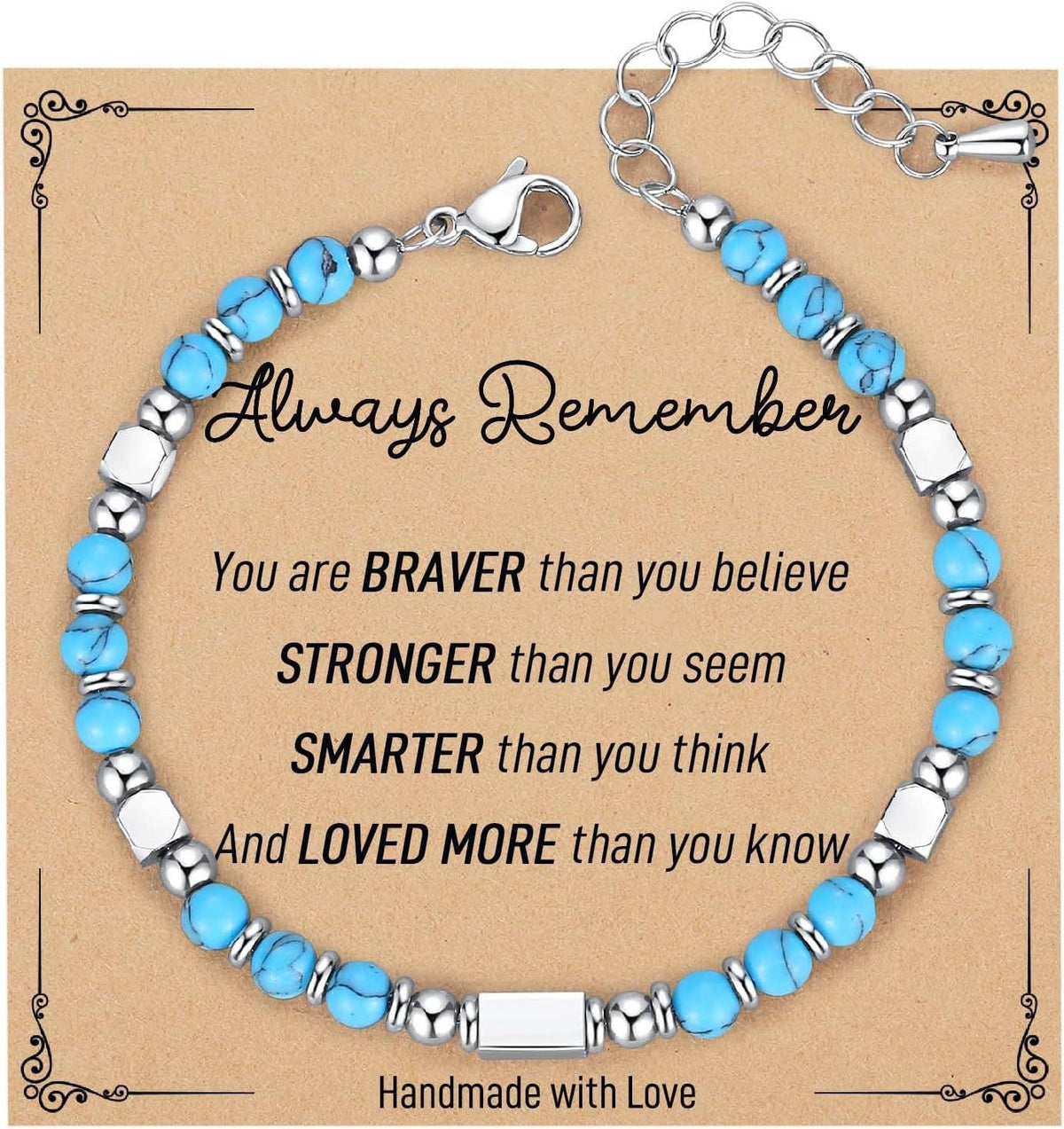 Mio Queena 4mm stone and stainless steel bead bracelet with blessing card showing the bracelet's beads and clasp details.