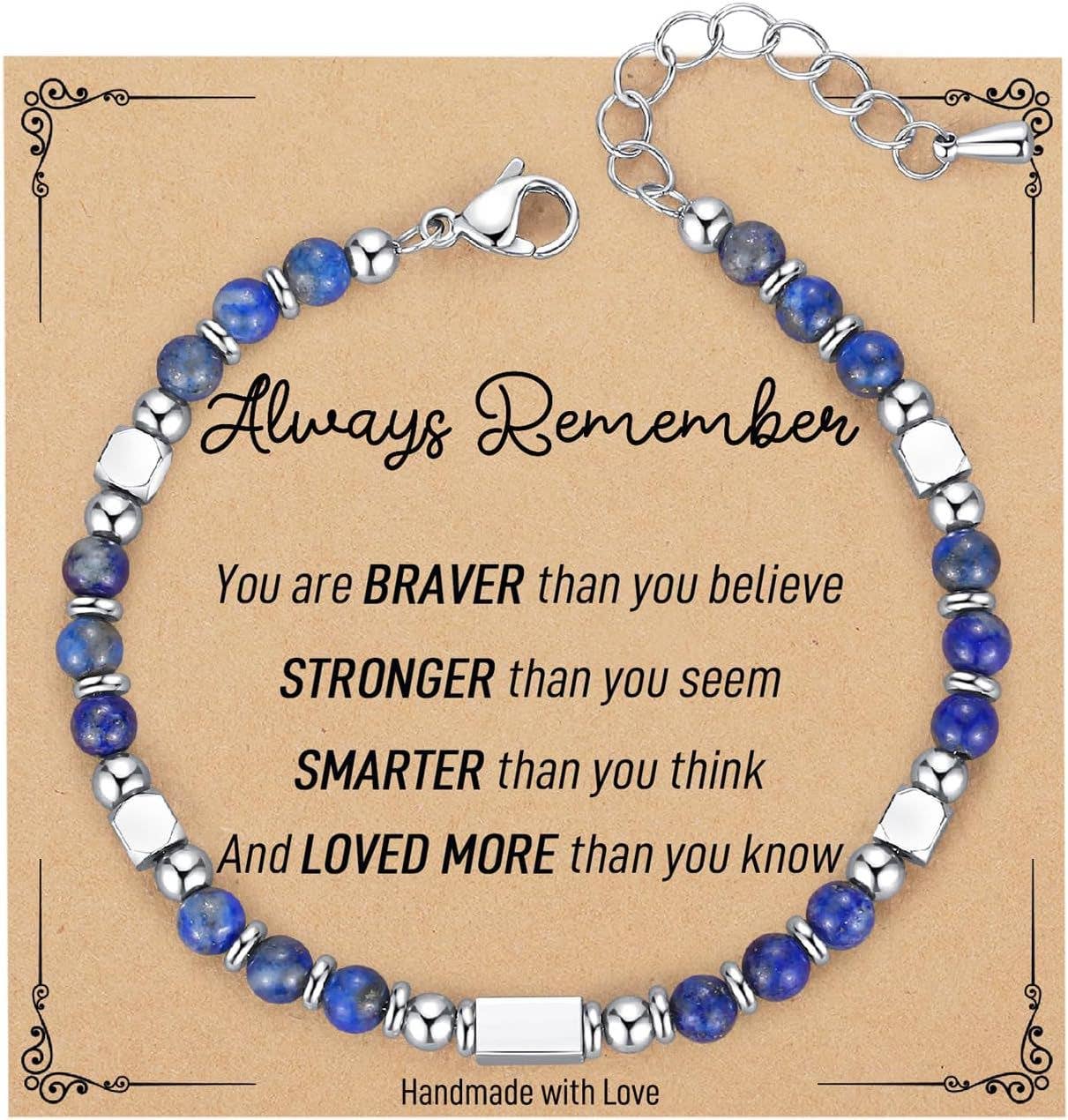 Mio Queena 4mm stone and stainless steel bead bracelet with blessing card, featuring mixed gray and silver beads for a stylish accessory.