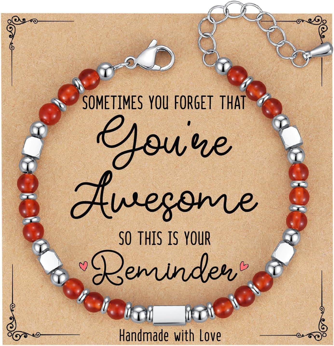 Mio Queena 4mm stone and stainless steel bead bracelet with blessing card, featuring mixed grey and silver beads on an elastic band.