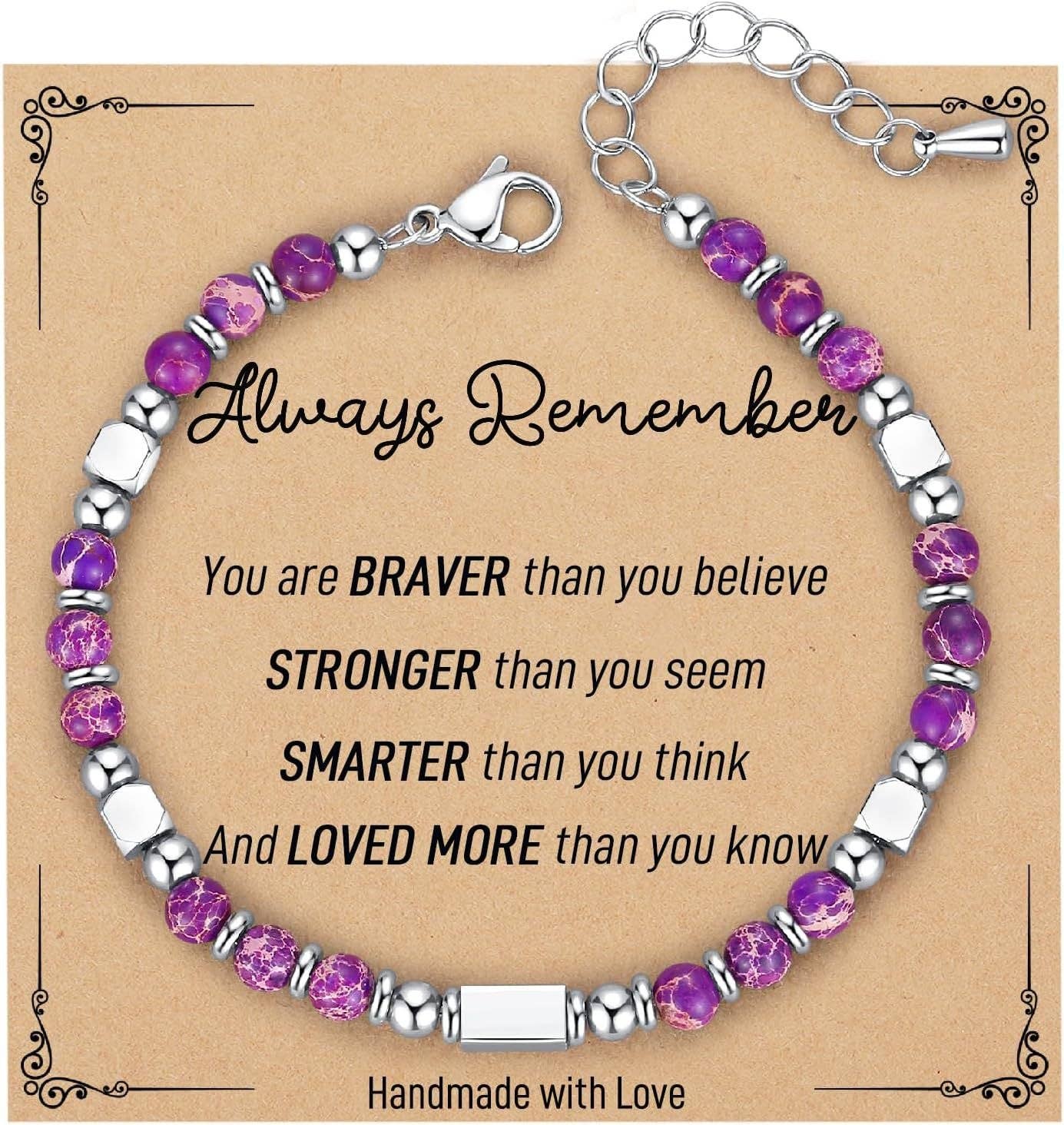 Mio Queena 4mm stone and stainless steel bead bracelet with blessing card, featuring mixed gray stones and polished metal beads.