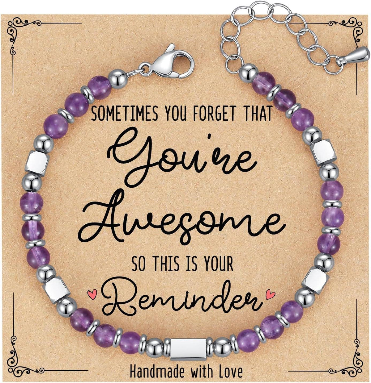 Mio Queena 4mm stone and stainless steel bead bracelet with blessing card, featuring mixed gemstone beads and stainless steel accents.