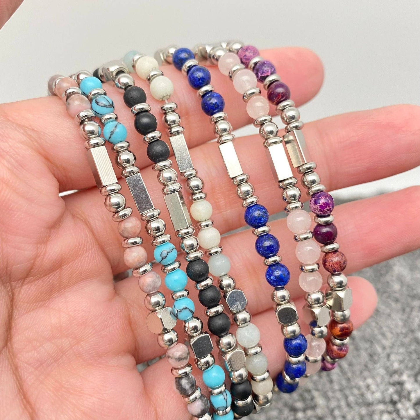 Mio Queena 4mm stone and stainless steel bead bracelet with blessing card, featuring mixed stone beads and sleek stainless steel accents.