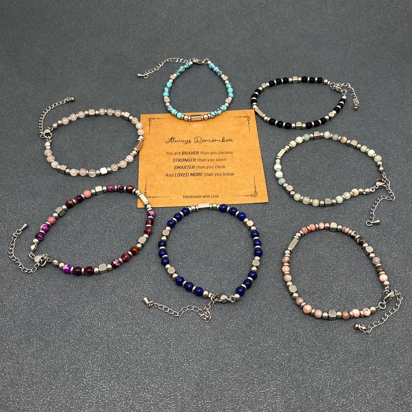 Mio Queena 4mm stone and stainless steel bead bracelet with blessing card, featuring mixed stone beads and sleek metal accents