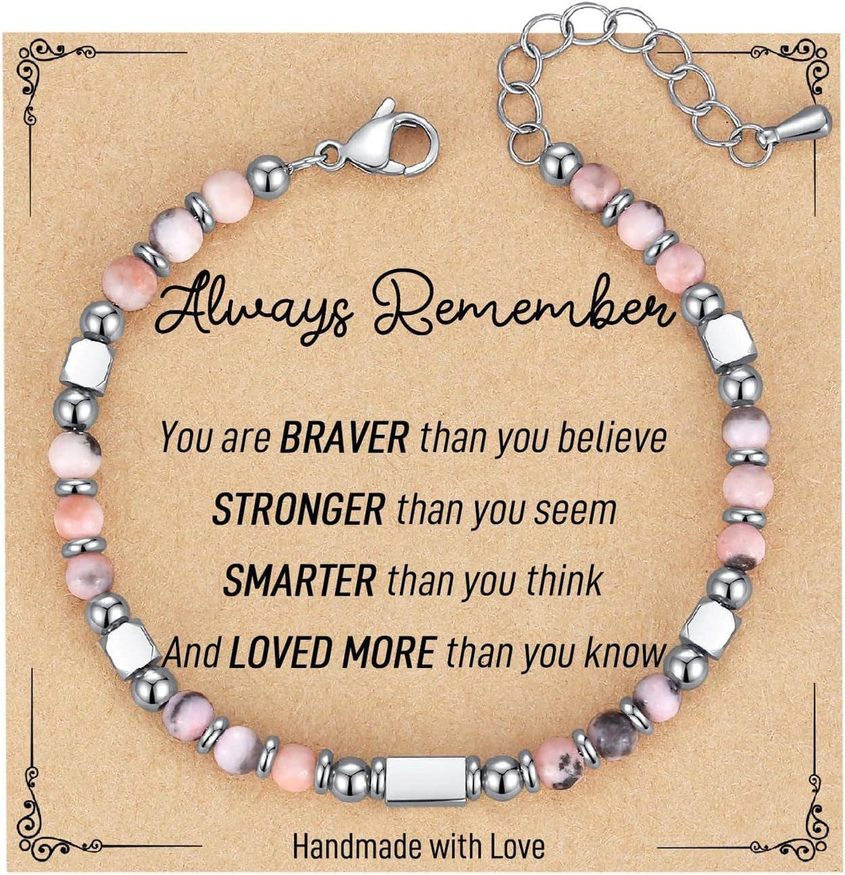 Mio Queena 4mm stone and stainless steel bead bracelet with blessing card, featuring mixed-colored beads and a sleek design.