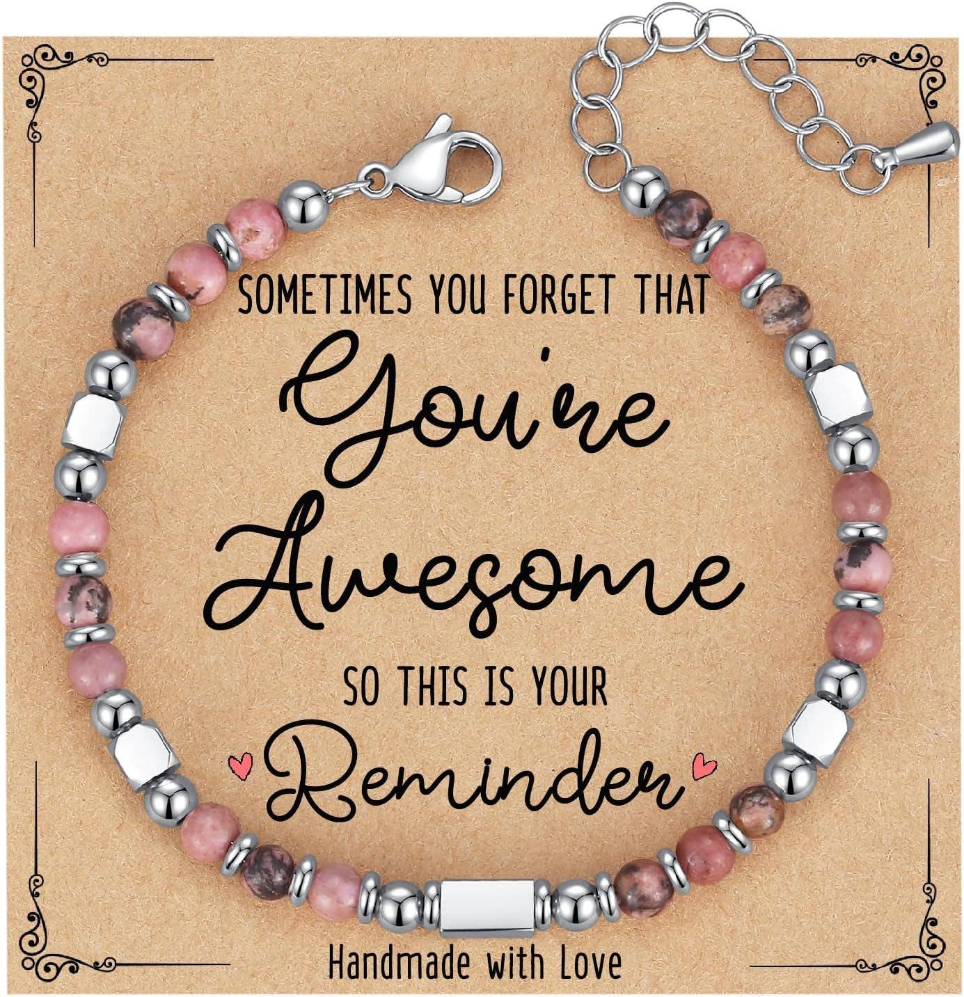 Mio Queena 4mm stone and stainless steel bead bracelet with blessing card, showcasing smooth beads and elegant design.