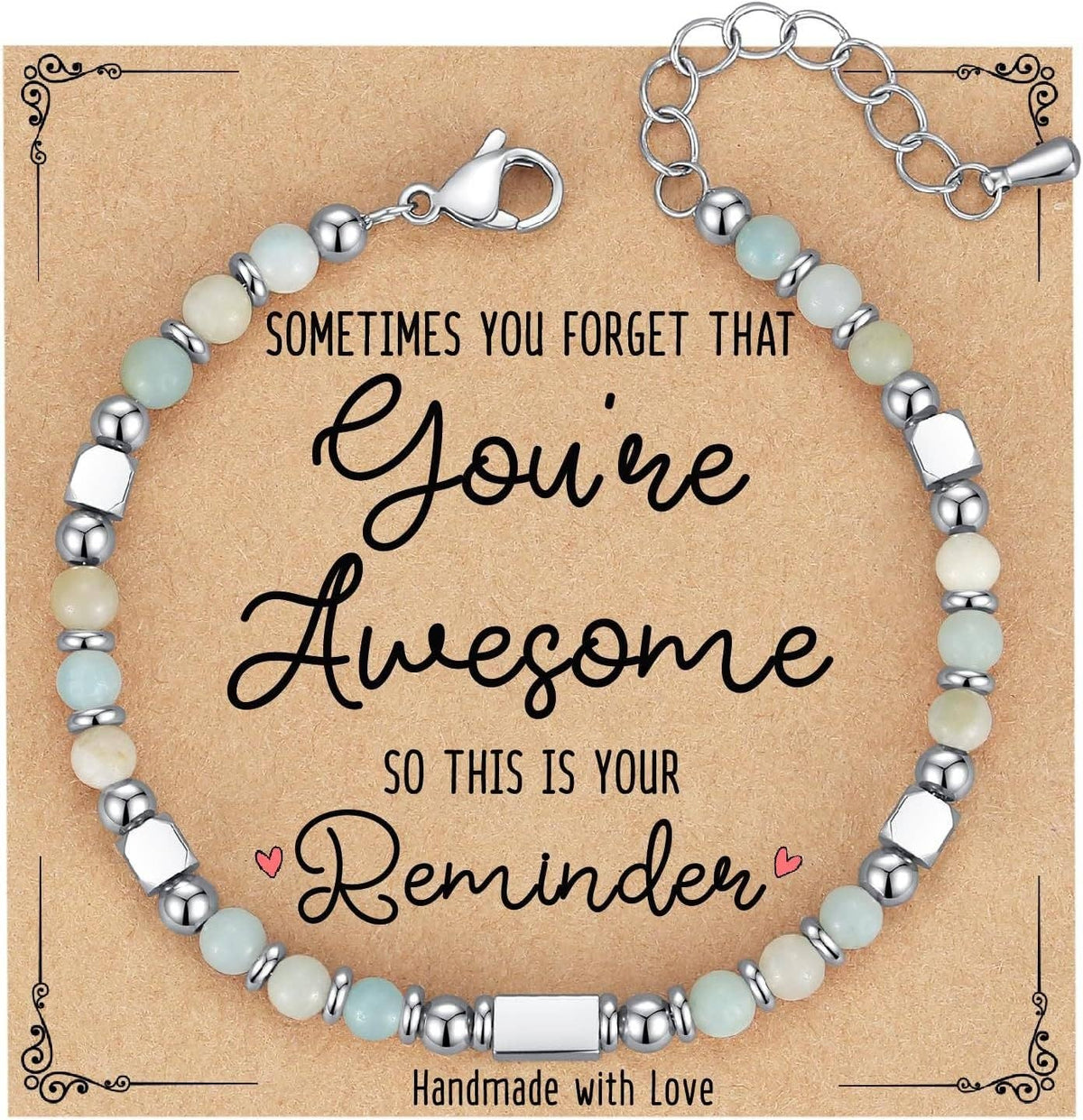 Mio Queena 4mm stone and stainless steel bead bracelet with blessing card, featuring elegant round beads and a meaningful accessory.
