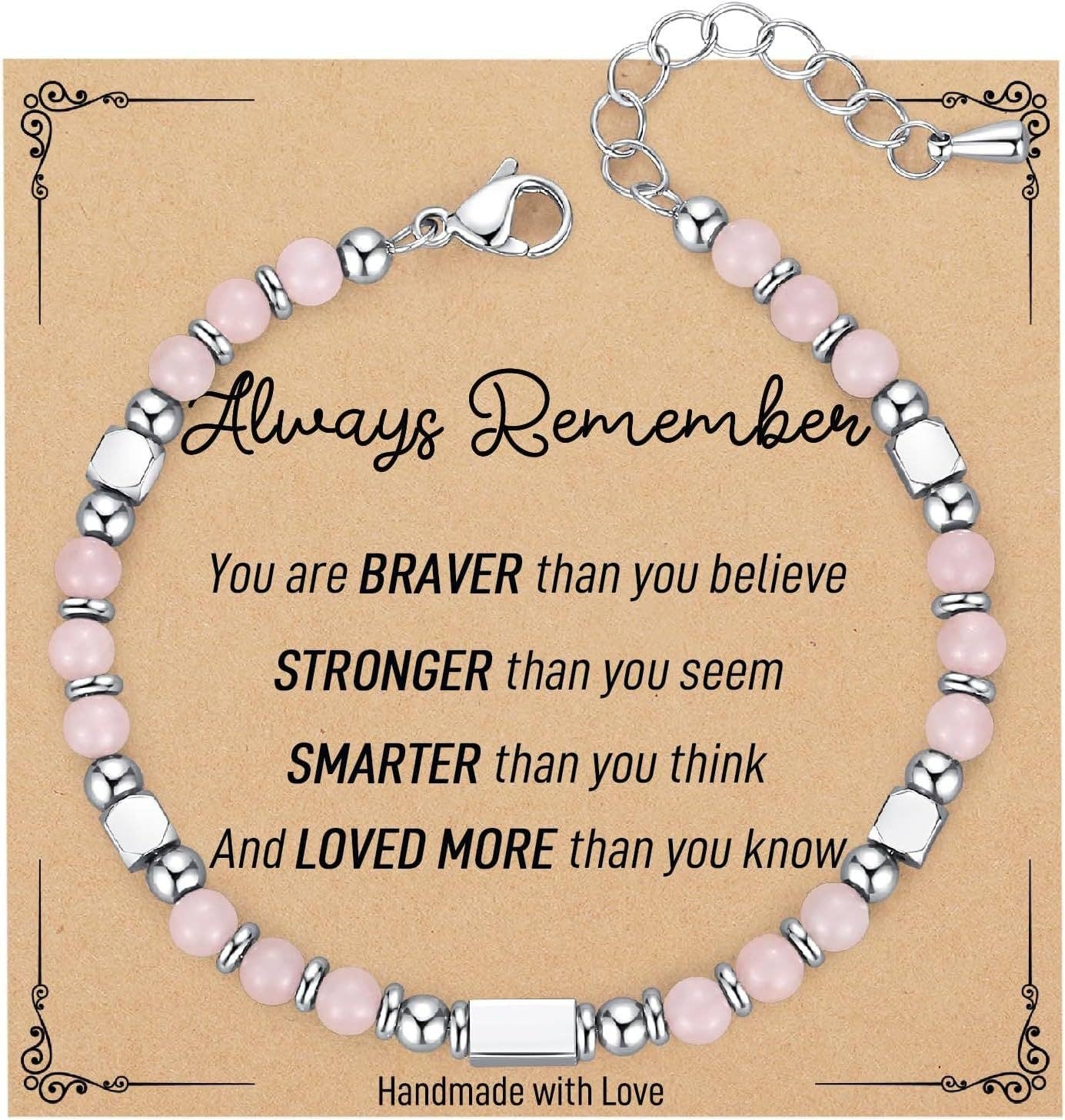 Mio Queena 4mm stone and stainless steel bead bracelet with amethyst beads and blessing card on white background.