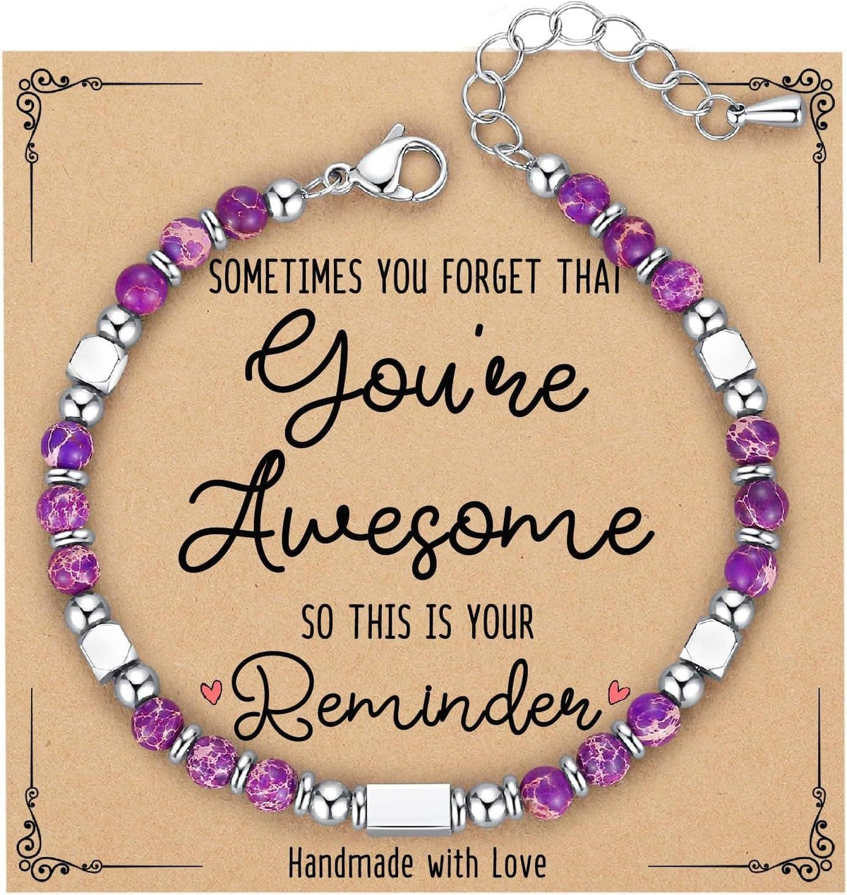 Mio Queena 4mm stone and stainless steel bead bracelet with amethyst beads, displayed with blessing card on a white background.