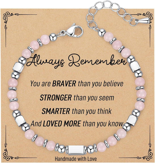 Mio Queena 4mm stone and stainless steel bead bracelet with blessing card, featuring powder crystal beads and a meaningful design