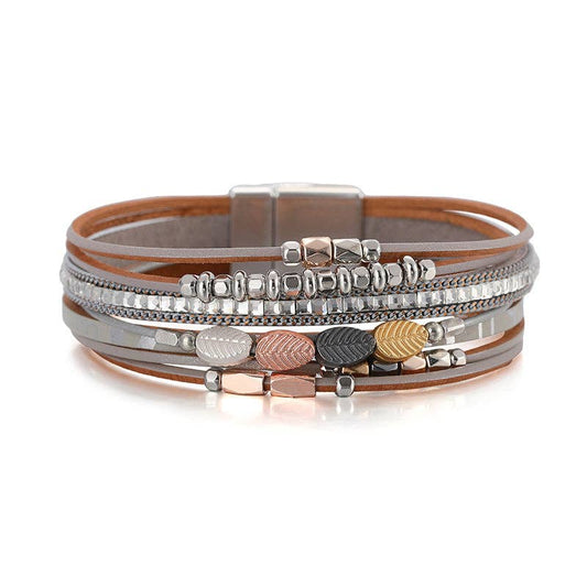Bohemian style multi-layer leather bracelet bangle by Mio Queena, featuring layered leather strands and metal accents.