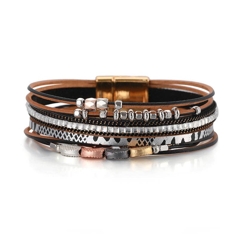 Mio Queena bohemian leather multi-layer bracelet bangle with mixed textures and metal accents on a white background