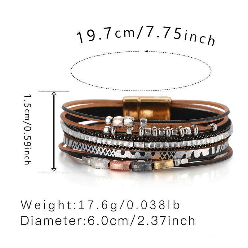 Mio Queena bohemian leather multi-layer bracelet bangle with mixed textures and silver accents, stylish and versatile accessory.