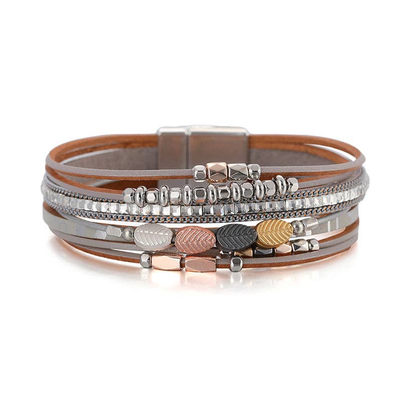 Mio Queena bohemian leather multi-layer bracelet bangle with mixed textures and natural leather straps.