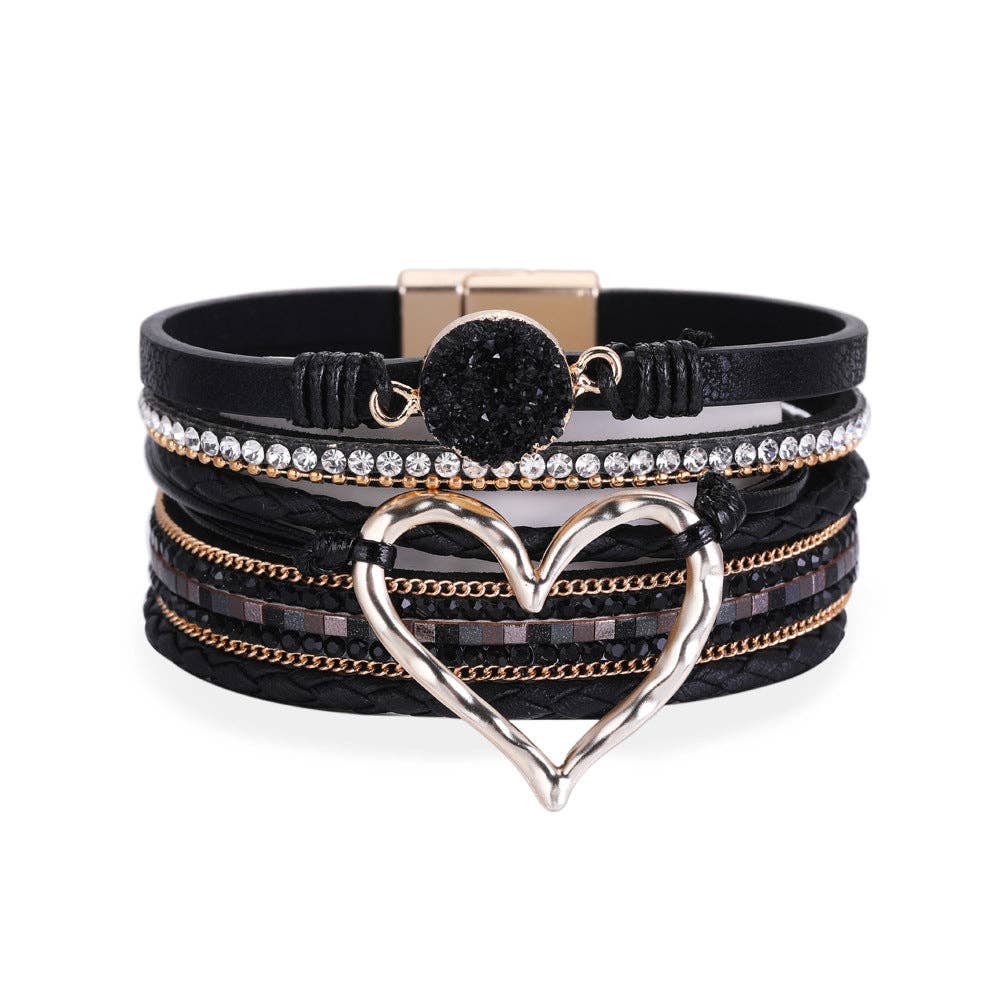 Silver multi-layer heart charm bangle bracelet by Mio Queena featuring layered heart charms and sleek silver design.