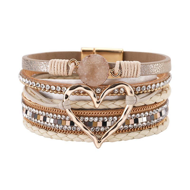 Silver Mio Queena multi-layer heart charm bangle bracelet with layered heart accents and adjustable clasps.
