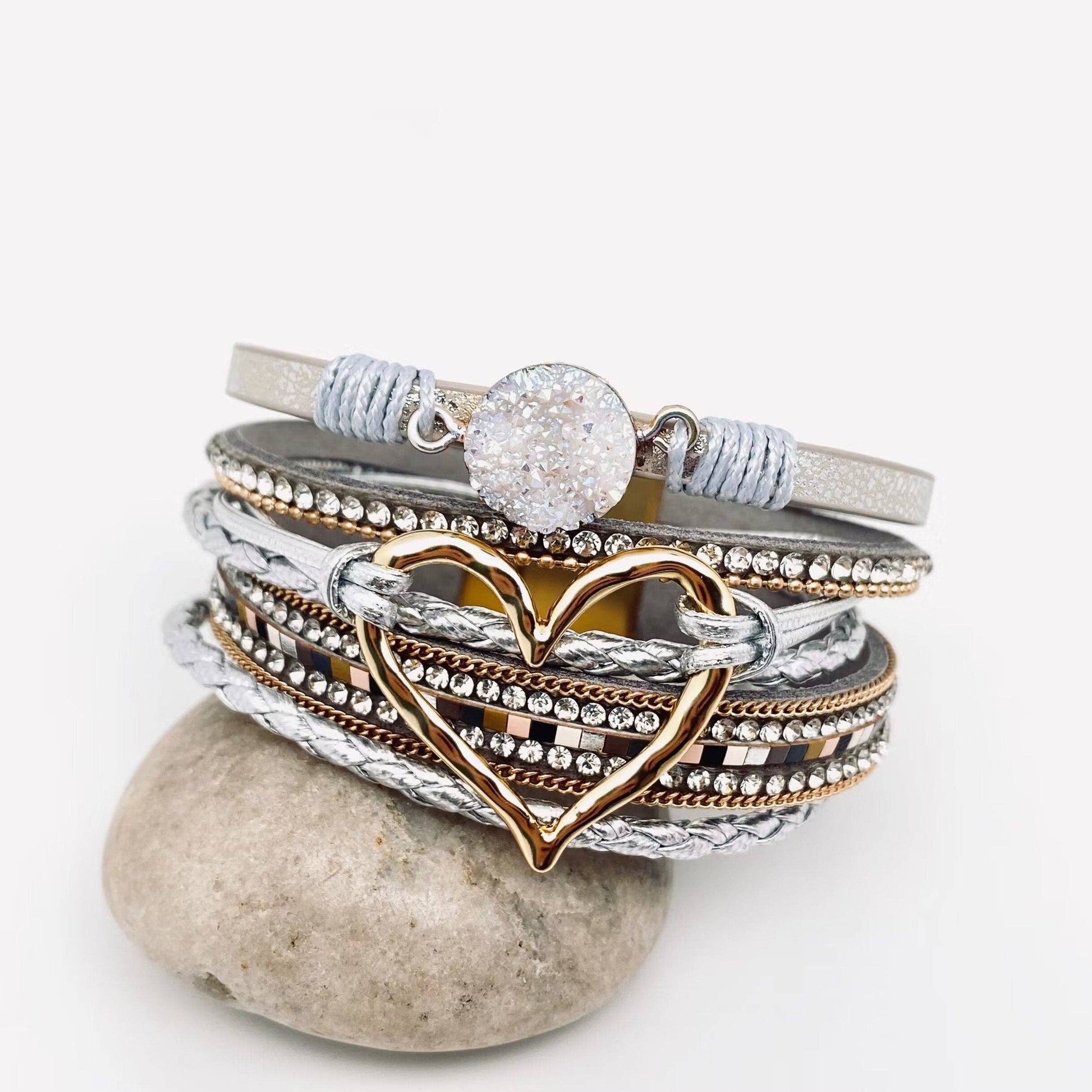 Silver Mio Queena multi-layer heart charm bangle bracelet with layered design and adjustable fit, stylish jewelry accessory.