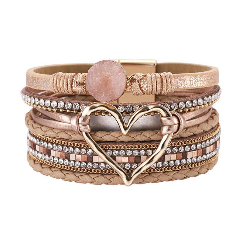 Silver multi-layer heart charm bangle bracelet by Mio Queena, featuring layered design and delicate heart charms.