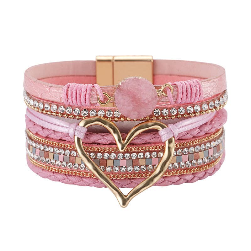 Silver multi-layer heart charm bangle bracelet by Mio Queena, featuring layered heart and chain design on a sleek silver bracelet.