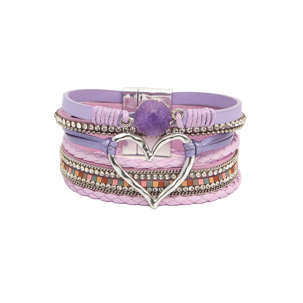Silver multi-layer heart charm bangle bracelet by Mio Queena featuring layered design and delicate heart pendants.