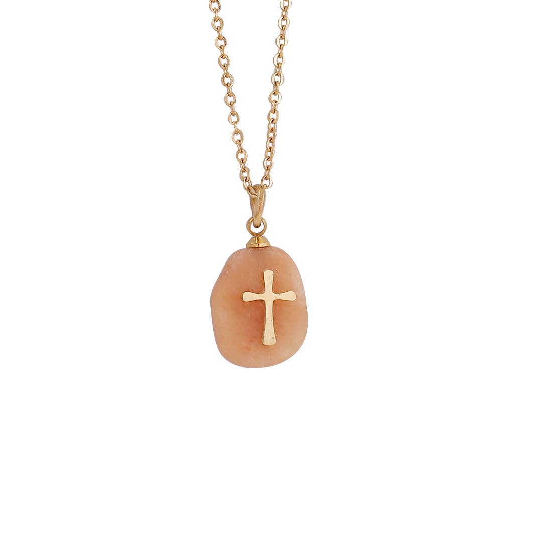Turquoise blue natural stone stainless steel cross pendant necklace by Mio Queena, featuring a polished cross and blue stone details.