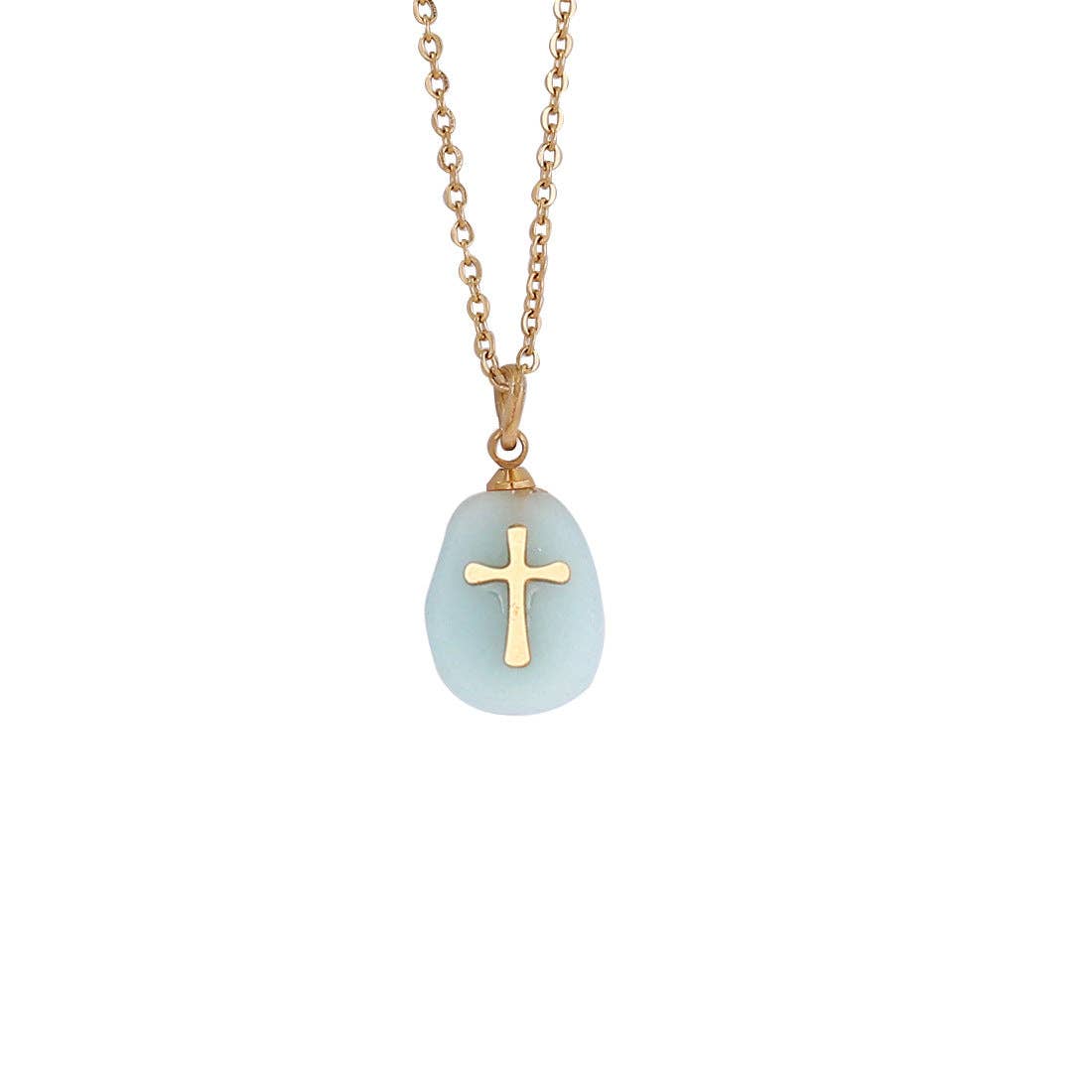 Turquoise blue natural stone stainless steel cross pendant necklace by Mio Queena, featuring a detailed cross design on a chain.