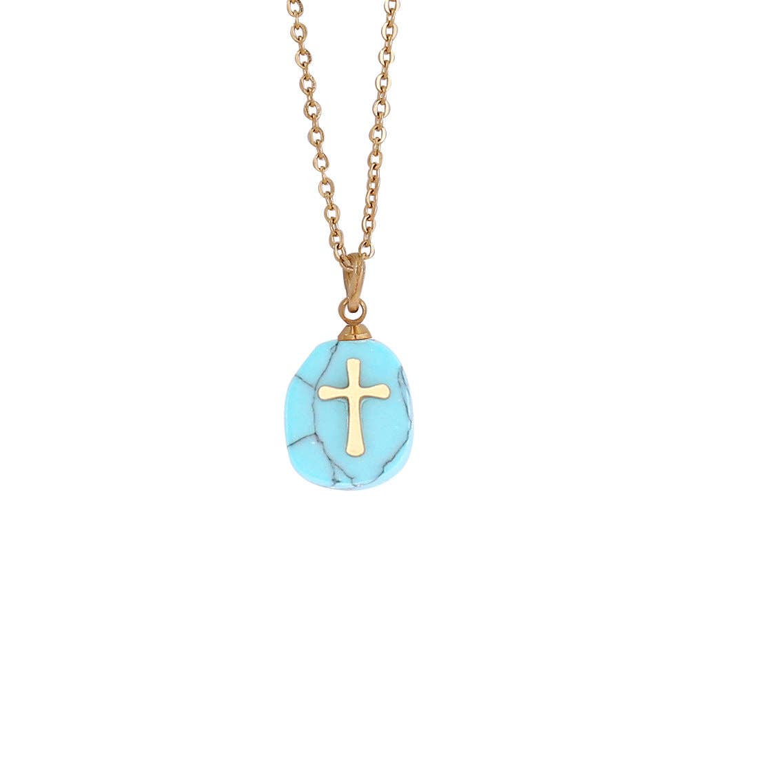 Green natural stone stainless steel cross pendant necklace by Mio Queena featuring a detailed cross design on a sleek chain.