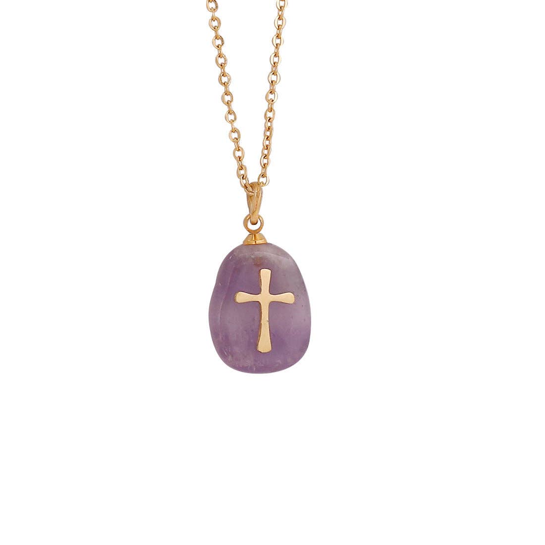 Green natural stone stainless steel cross pendant necklace by Mio Queena, featuring a polished cross design with a green stone accent.