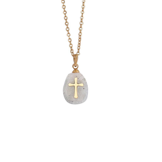 Gray natural stone stainless steel cross pendant necklace by Mio Queena, featuring a sleek cross design on a chain.