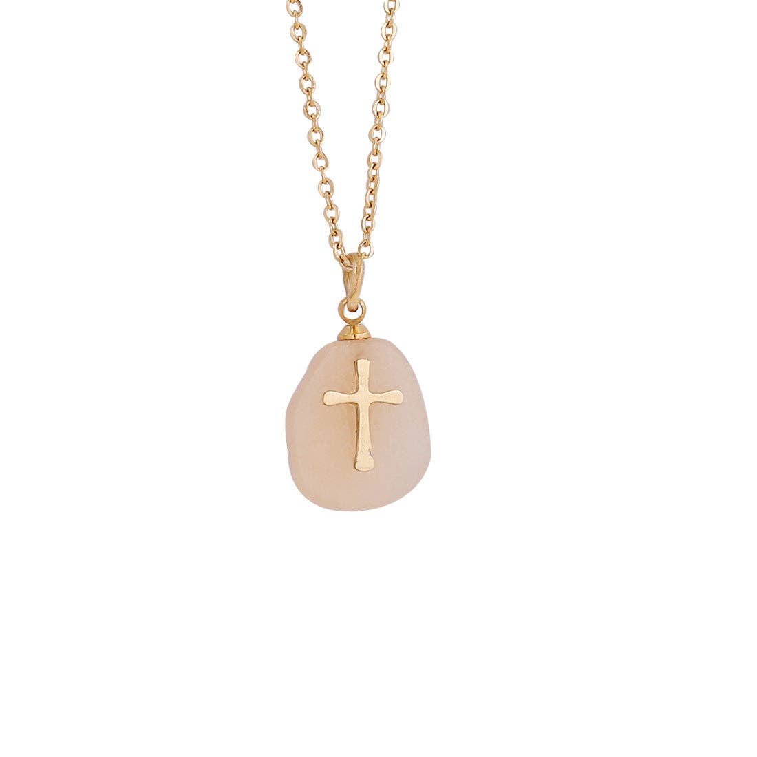 Natural gray stone stainless steel cross pendant necklace by Mio Queena, featuring a smooth, polished cross design.